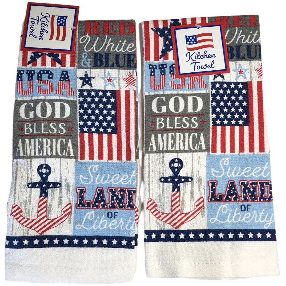 July 4th Kitchen Dish Towels Set of 2 Summer Stars Stripes America USA Liberty